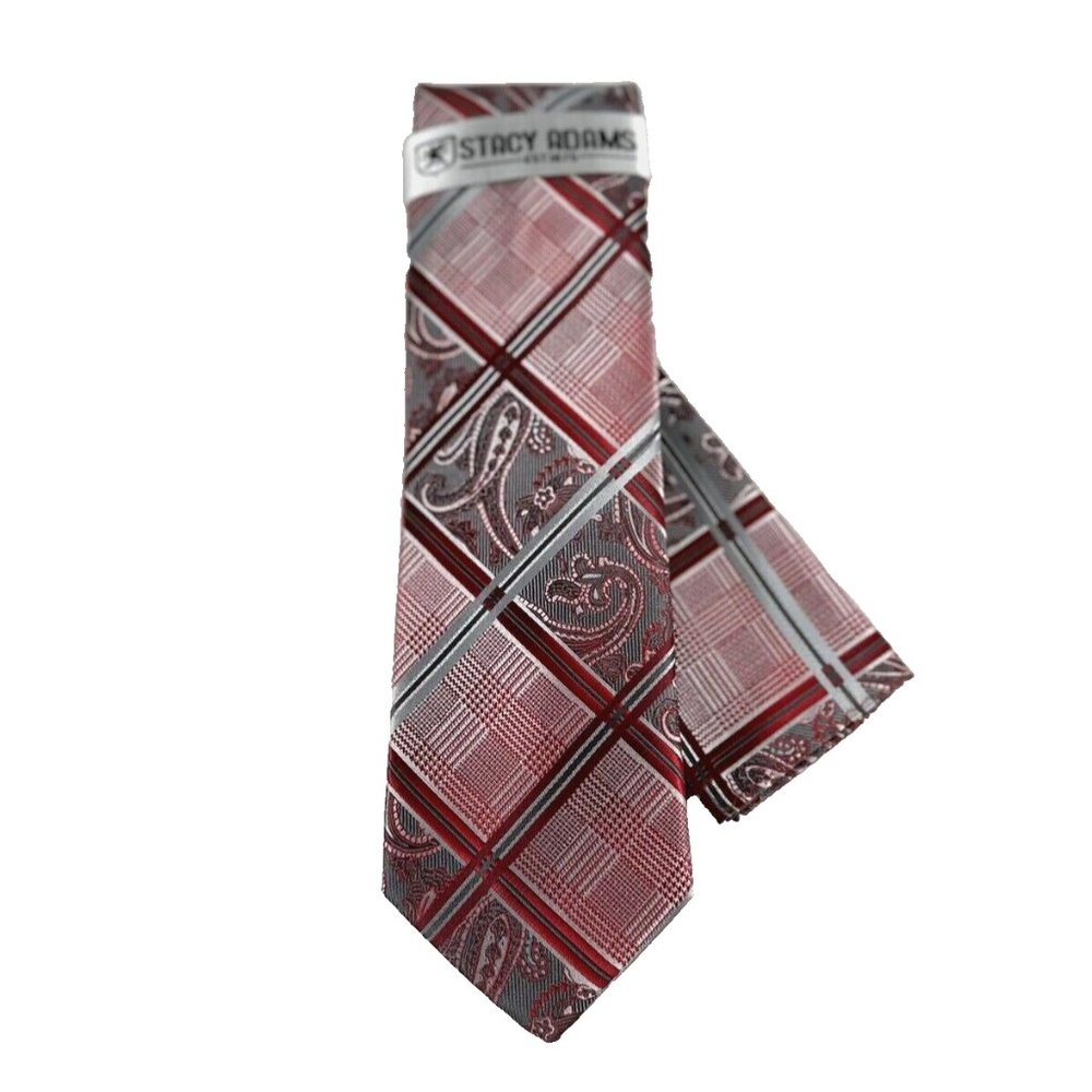 Stacy Adams Men's Tie & Hanky Set Red Silver Charcoal Gray Striped Paisley